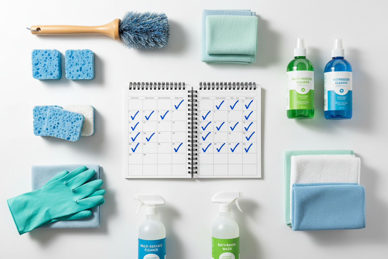 Imagem com produtos de housekeep e com um que simboliza limpeza toda smena a